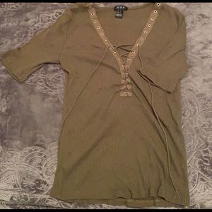 Army green lace up neckline ribbed shirt